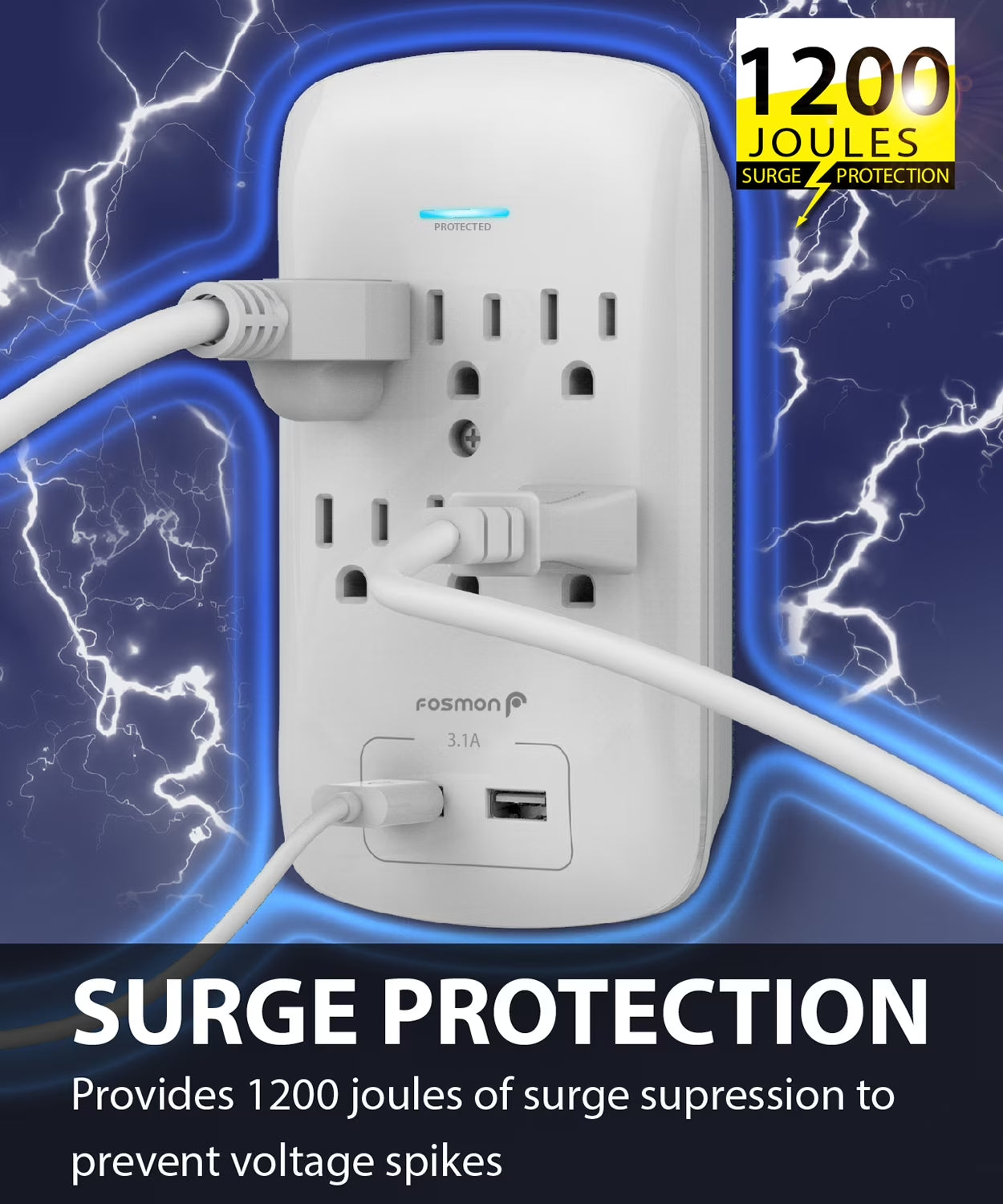 6 Outlet Surge Protector 1200J (2 Pack) with 3.1A Dual USB Ports Charger, Multi Plug Outlet Extender 1875 Watt, 3-Prong Grounded Wall Tap Splitter Adapter