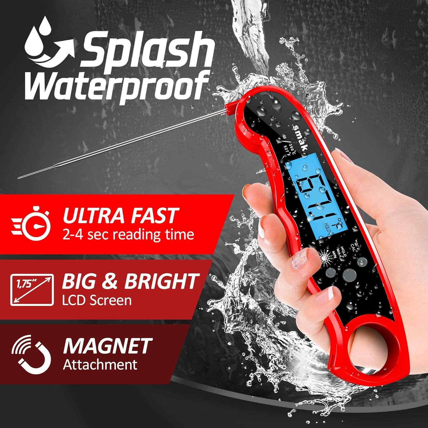 Digital Instant Read Meat Thermometer - Waterproof Kitchen Food Cooking Thermometer with Backlight LCD - Best Super Fast Electric Meat Thermometer Probe for BBQ Grilling Smoker Baking Turkey (Orange)