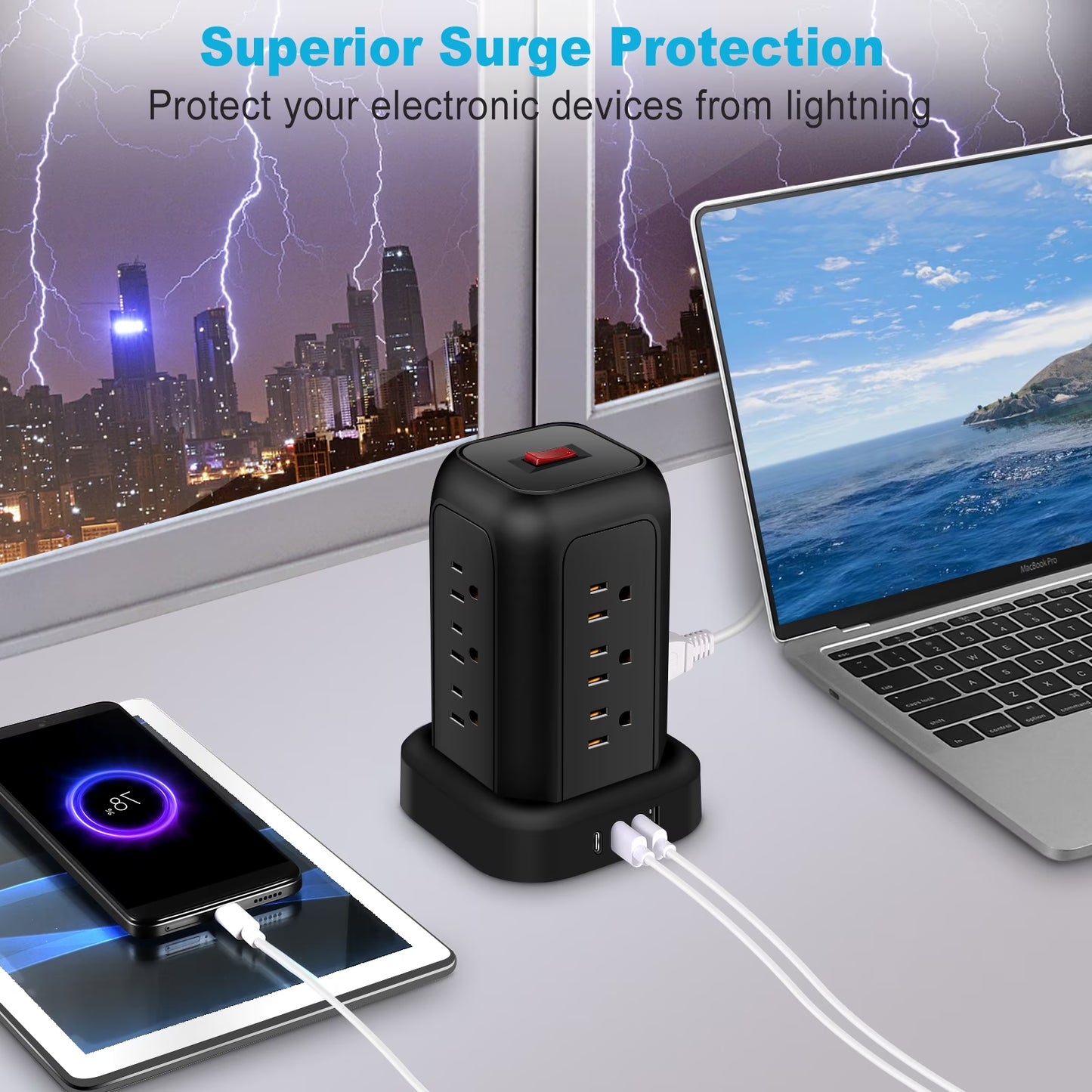 Power Strip Tower Surge Protector 5.1 Ft Extension Cord with 12 Outlets 4 USB Ports Charging Station, Black Smart Power Strips with Multiple Plugs in One Outlet for Gaming Room Office Home Travel