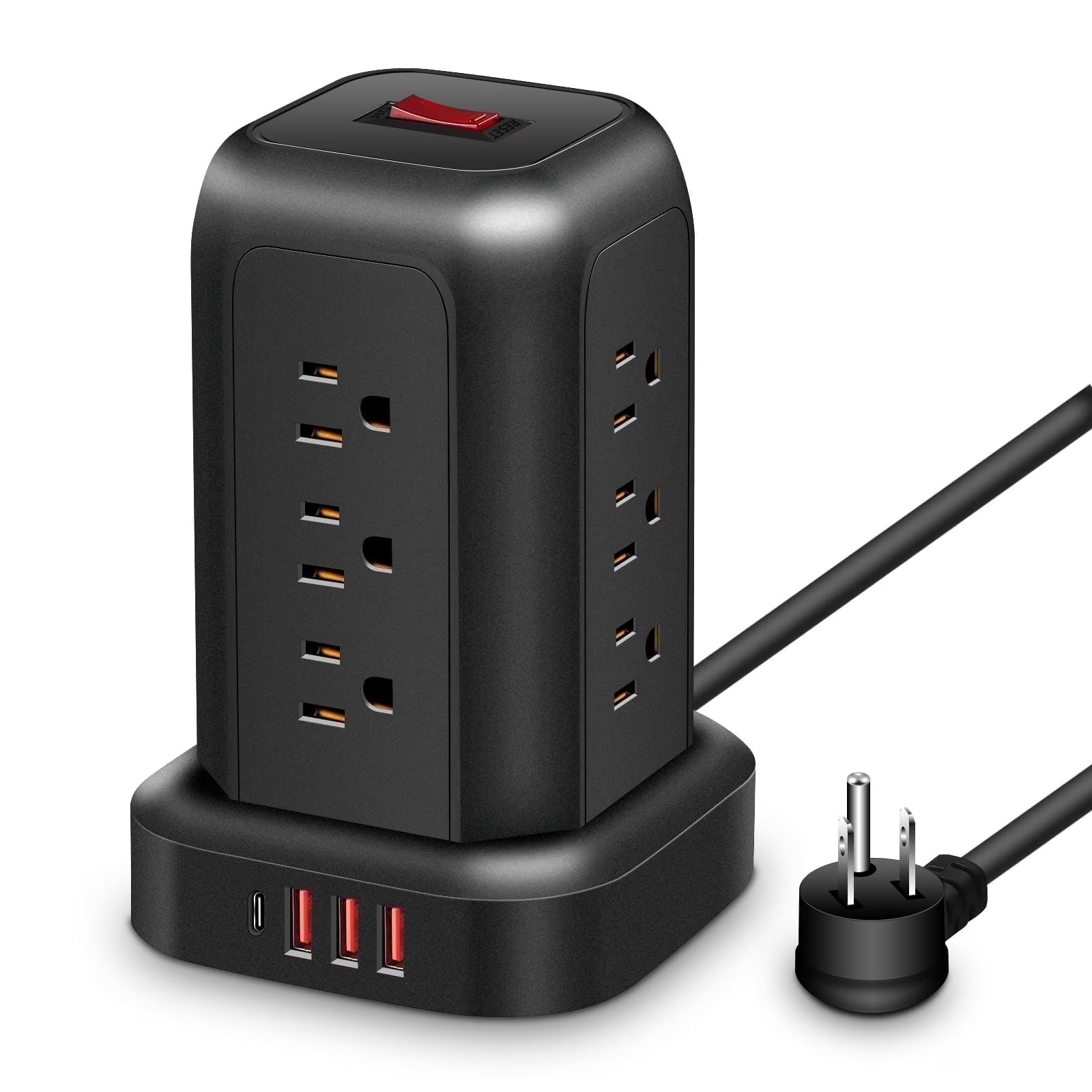 Power Strip Tower Surge Protector 5.1 Ft Extension Cord with 12 Outlets 4 USB Ports Charging Station, Black Smart Power Strips with Multiple Plugs in One Outlet for Gaming Room Office Home Travel