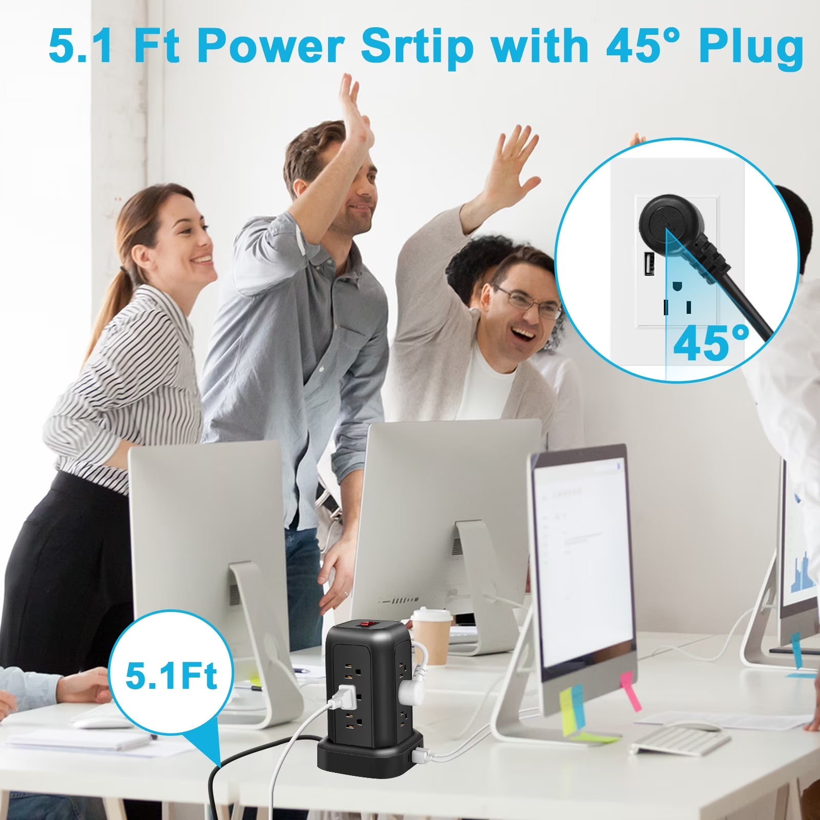 Power Strip Tower Surge Protector 5.1 Ft Extension Cord with 12 Outlets 4 USB Ports Charging Station, Black Smart Power Strips with Multiple Plugs in One Outlet for Gaming Room Office Home Travel