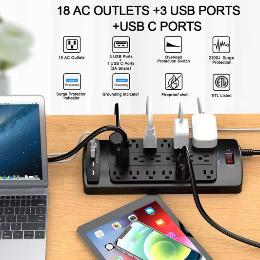 18-Outlets Power Strip 6 Ft. Extension Cord 4 USB Ports Heavy Duty Surge Protector 2100 Joules ETL Listed Black