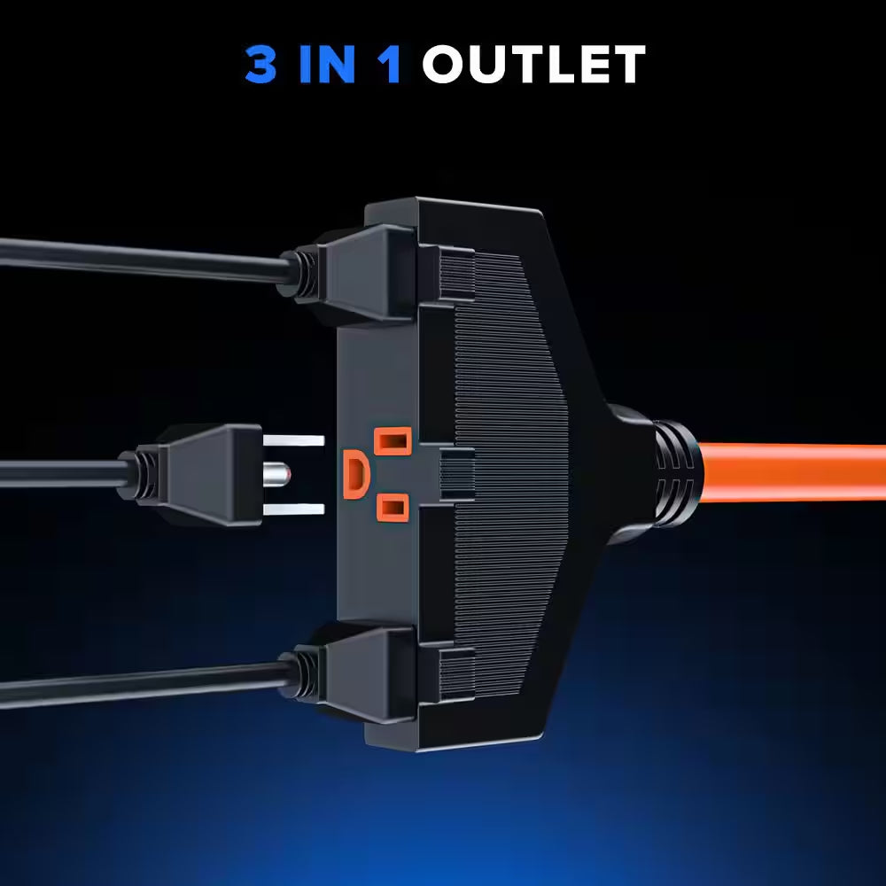 50 Ft. 14 / 3 Medium / Heavy Duty Indoor T-Shaped Extension Cord 3-Outlet 15 Amps Orange