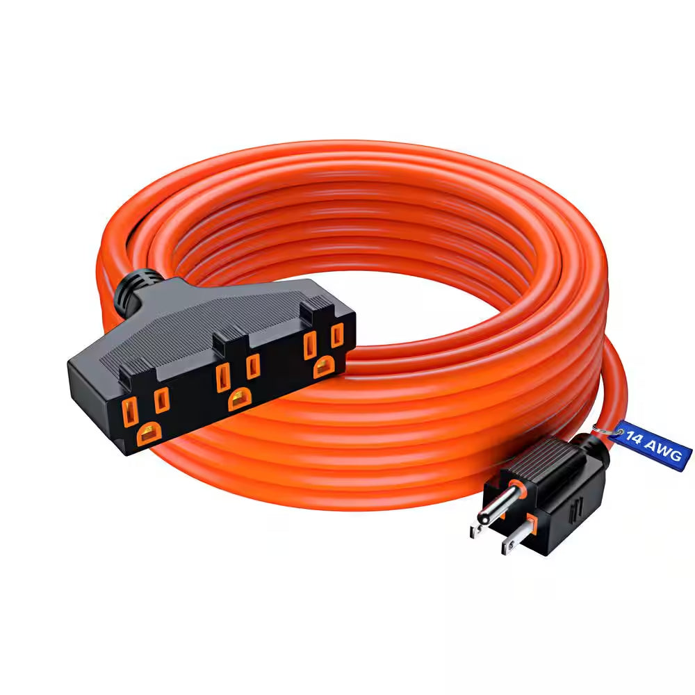 50 Ft. 14 / 3 Medium / Heavy Duty Indoor T-Shaped Extension Cord 3-Outlet 15 Amps Orange