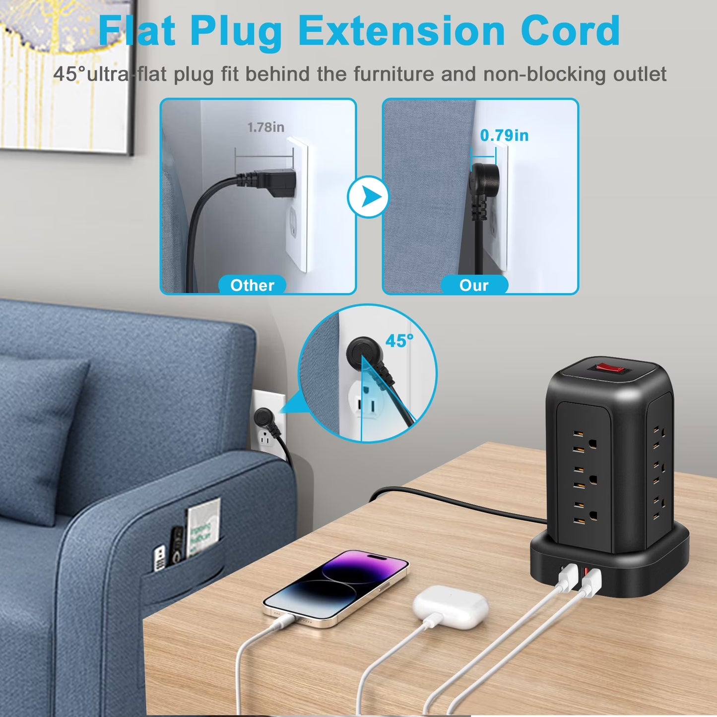 Power Strip Tower Surge Protector 5.1 Ft Extension Cord with 12 Outlets 4 USB Ports Charging Station, Black Smart Power Strips with Multiple Plugs in One Outlet for Gaming Room Office Home Travel