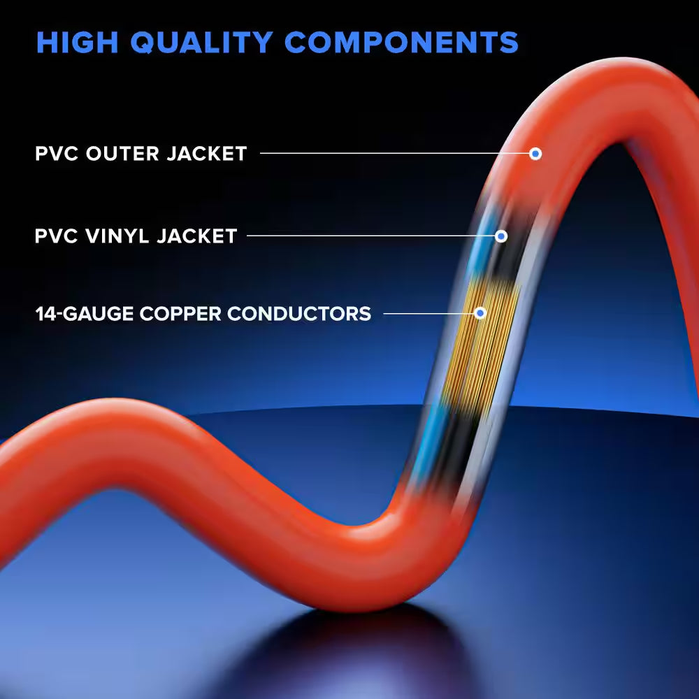 50 Ft. 14 / 3 Medium / Heavy Duty Indoor T-Shaped Extension Cord 3-Outlet 15 Amps Orange