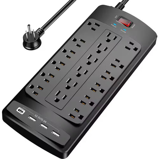 18-Outlets Power Strip 6 Ft. Extension Cord 4 USB Ports Heavy Duty Surge Protector 2100 Joules ETL Listed Black