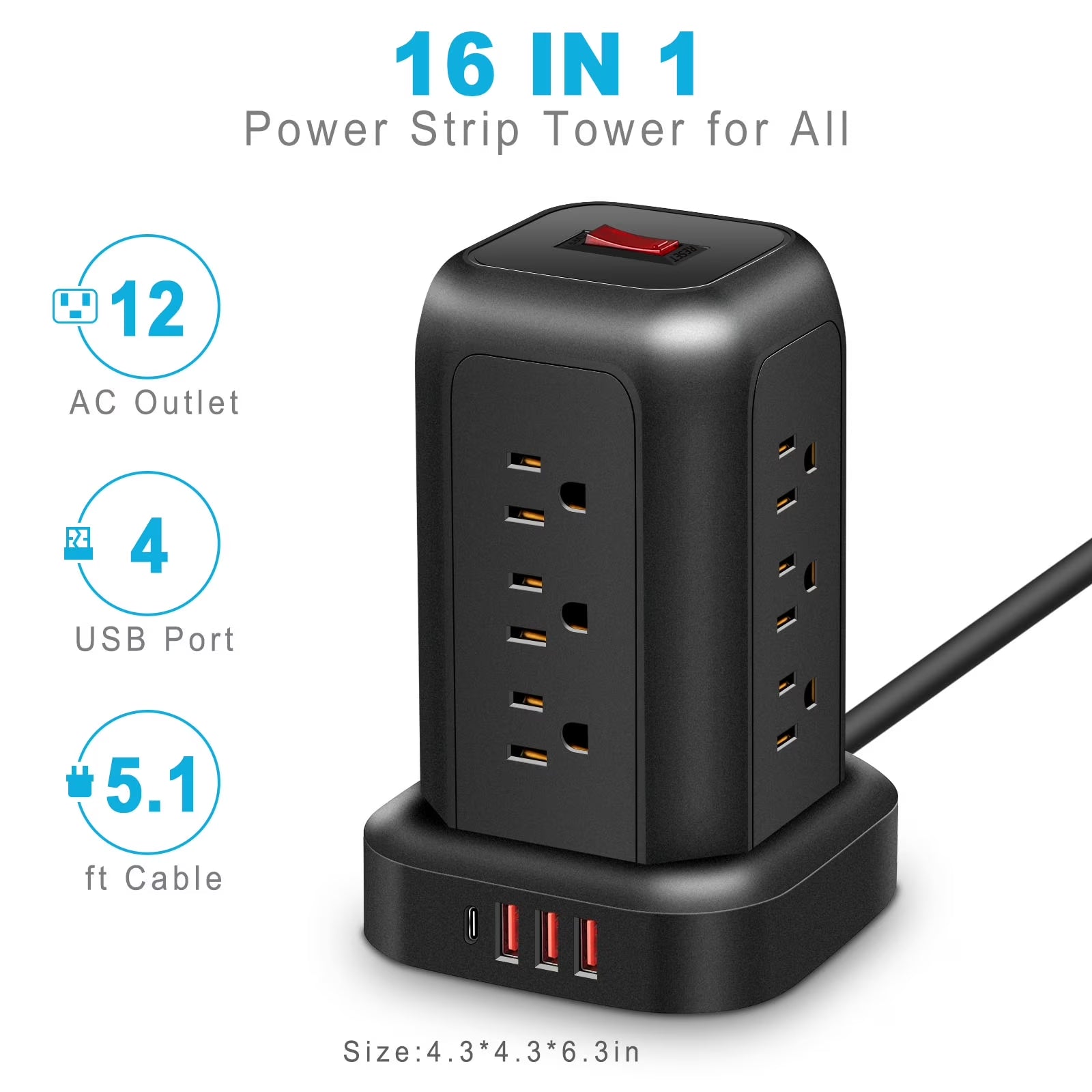 Power Strip Tower Surge Protector 5.1 Ft Extension Cord with 12 Outlets 4 USB Ports Charging Station, Black Smart Power Strips with Multiple Plugs in One Outlet for Gaming Room Office Home Travel
