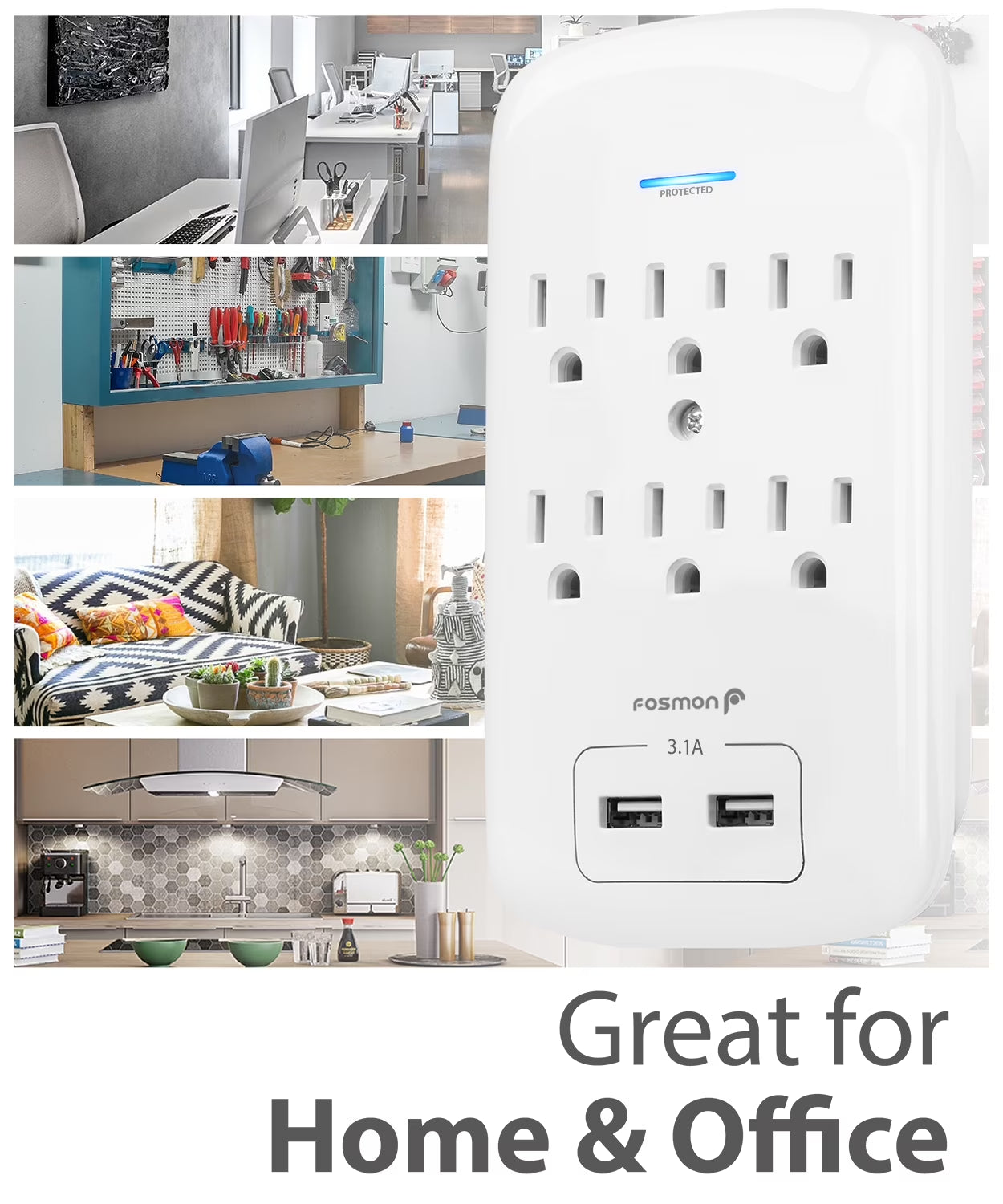 6 Outlet Surge Protector 1200J (2 Pack) with 3.1A Dual USB Ports Charger, Multi Plug Outlet Extender 1875 Watt, 3-Prong Grounded Wall Tap Splitter Adapter