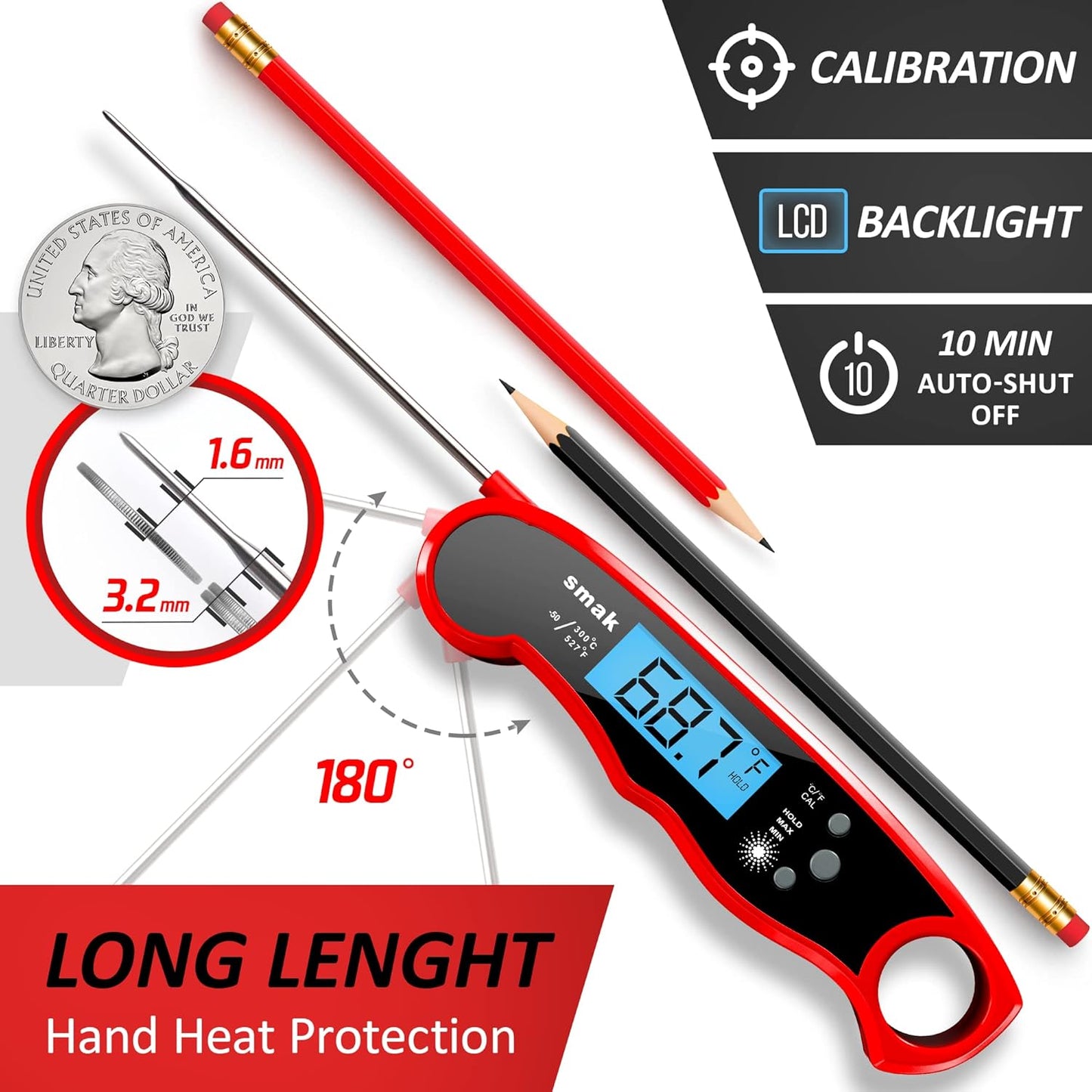 Digital Instant Read Meat Thermometer - Waterproof Kitchen Food Cooking Thermometer with Backlight LCD - Best Super Fast Electric Meat Thermometer Probe for BBQ Grilling Smoker Baking Turkey (Orange)