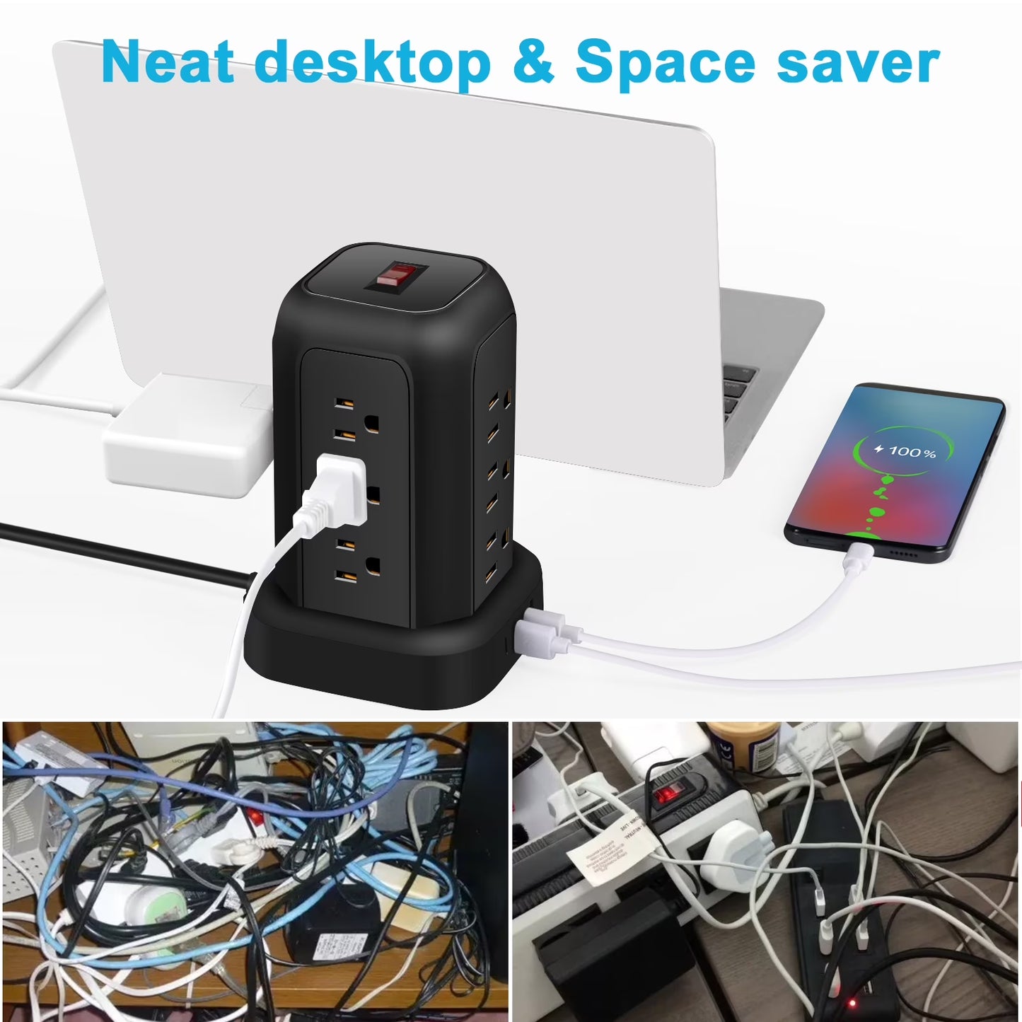 Power Strip Tower Surge Protector 5.1 Ft Extension Cord with 12 Outlets 4 USB Ports Charging Station, Black Smart Power Strips with Multiple Plugs in One Outlet for Gaming Room Office Home Travel