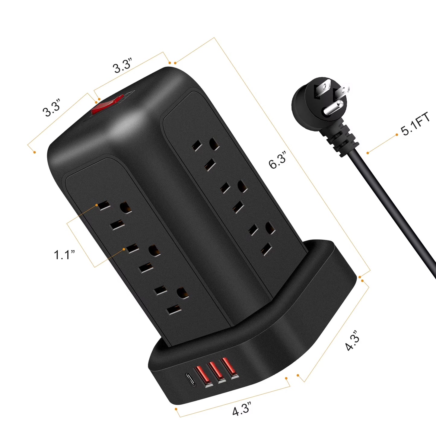 Power Strip Tower Surge Protector 5.1 Ft Extension Cord with 12 Outlets 4 USB Ports Charging Station, Black Smart Power Strips with Multiple Plugs in One Outlet for Gaming Room Office Home Travel