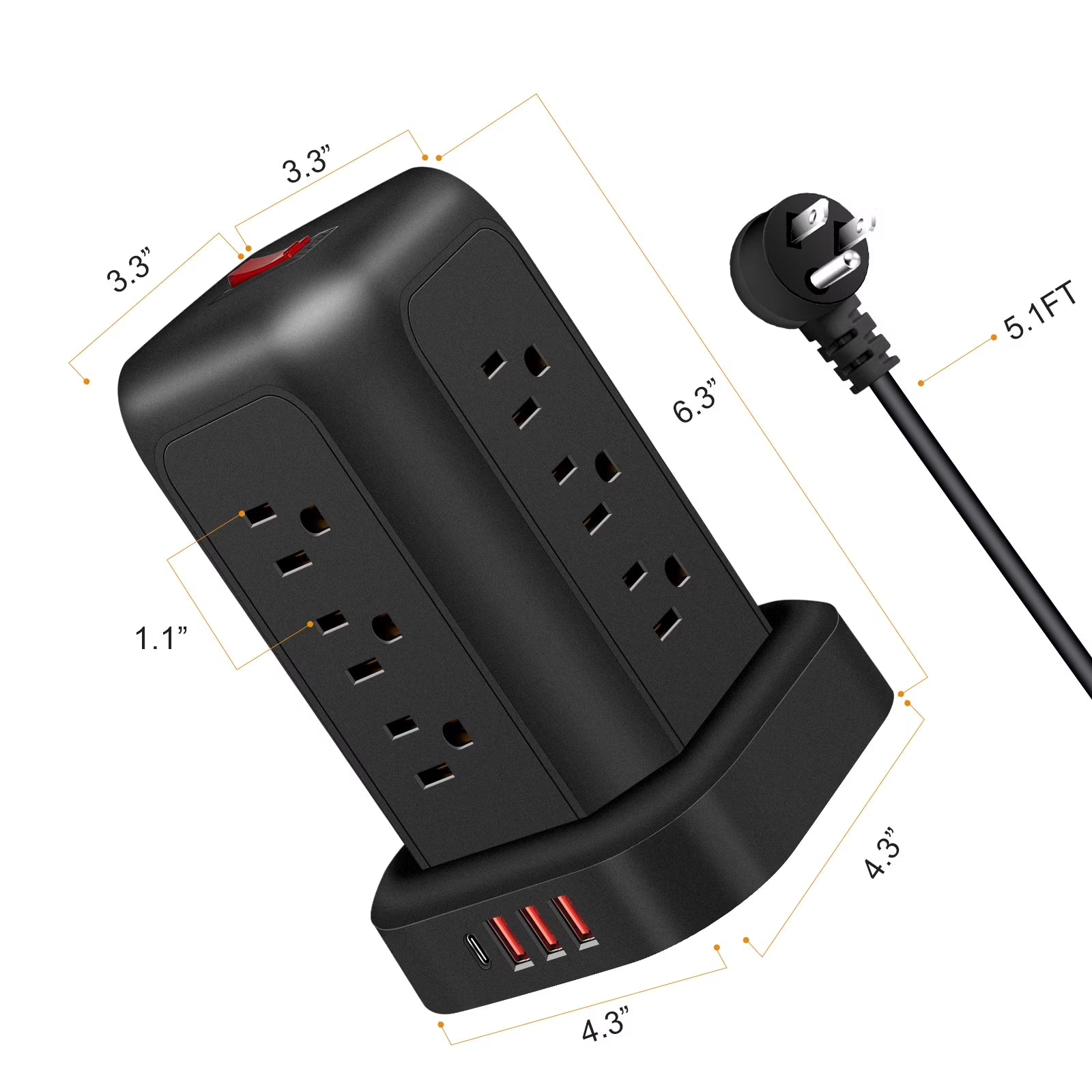 Power Strip Tower Surge Protector 5.1 Ft Extension Cord with 12 Outlets 4 USB Ports Charging Station, Black Smart Power Strips with Multiple Plugs in One Outlet for Gaming Room Office Home Travel