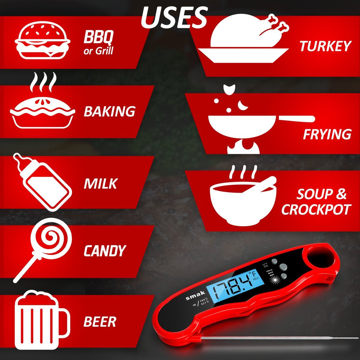 Digital Instant Read Meat Thermometer - Waterproof Kitchen Food Cooking Thermometer with Backlight LCD - Best Super Fast Electric Meat Thermometer Probe for BBQ Grilling Smoker Baking Turkey (Orange)