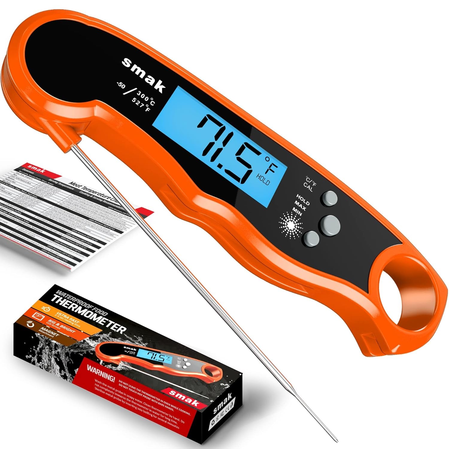 Digital Instant Read Meat Thermometer - Waterproof Kitchen Food Cooking Thermometer with Backlight LCD - Best Super Fast Electric Meat Thermometer Probe for BBQ Grilling Smoker Baking Turkey (Orange)
